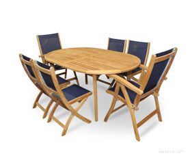 Teak Patio Dining Set with Recliners and Folding Chairs in Navy