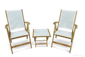 Teak Recliner White Sling Pair with White Sling Footstool - Goldenteak