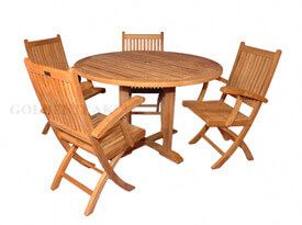 Teak Outdoor Dining Set for 4  Padua 48in Round Table & 4 Rockport Folding Chairs w Arms