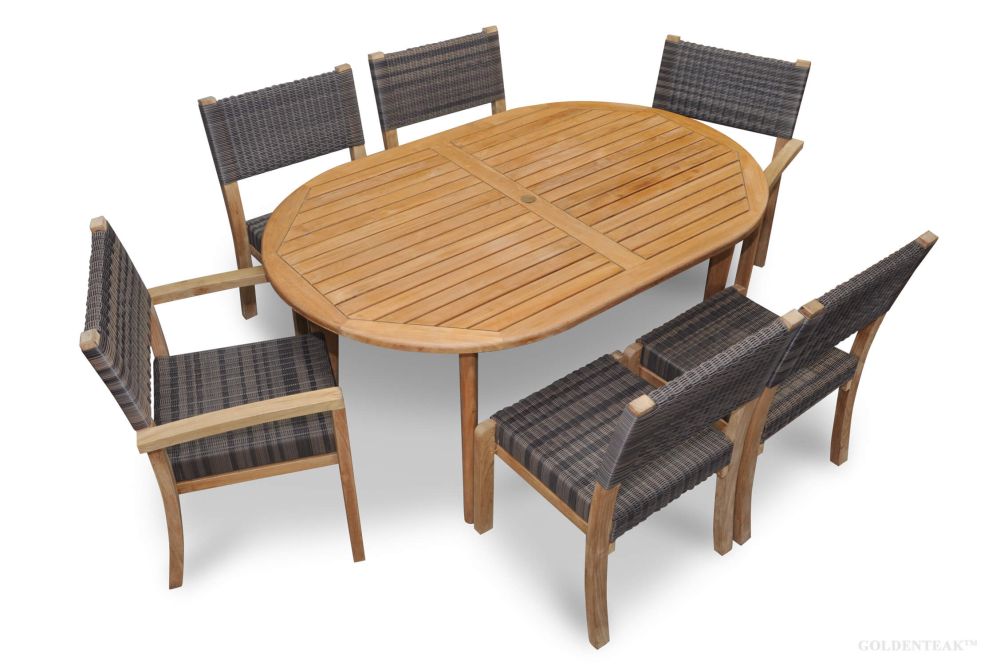 Oval Table 6 Teak Wicker Stacking Chairs, Teak Outdoor Dining Sets