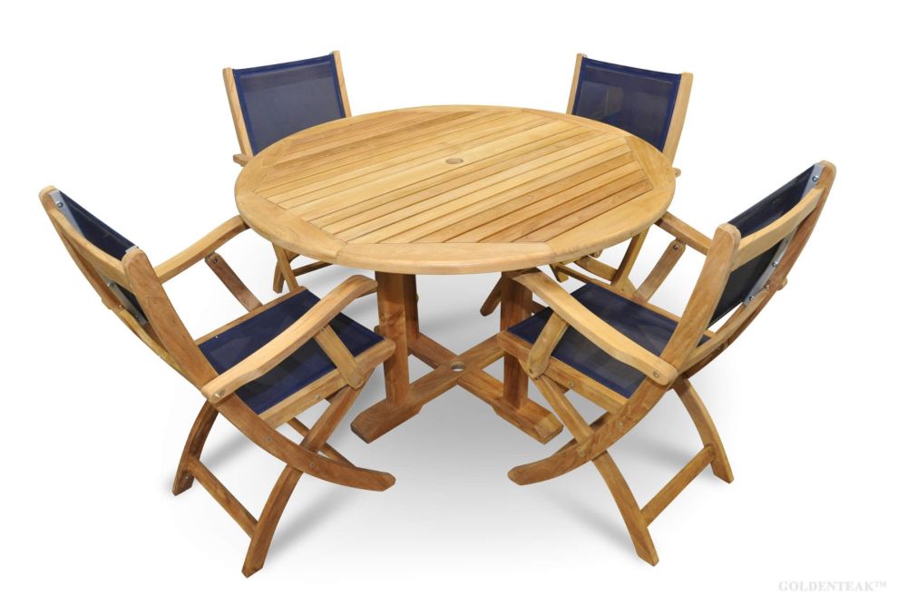Teak Patio Set Round Table 4 And Navy Mesh Folding Chairs - Build Your Own Teak Patio Furniture