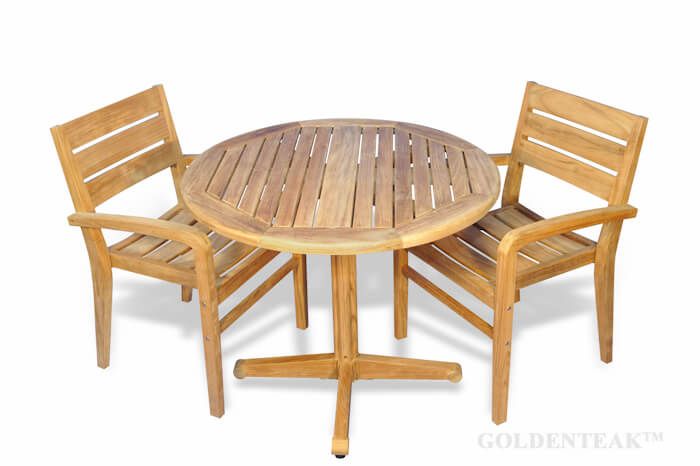 Small Teak Outdoor Patio Dining Set Round Table And 2 Stacking Chairs