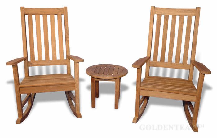 Teak Rocking Chair Pair With Side Table, Teak Outdoor Furniture Rocking Chair