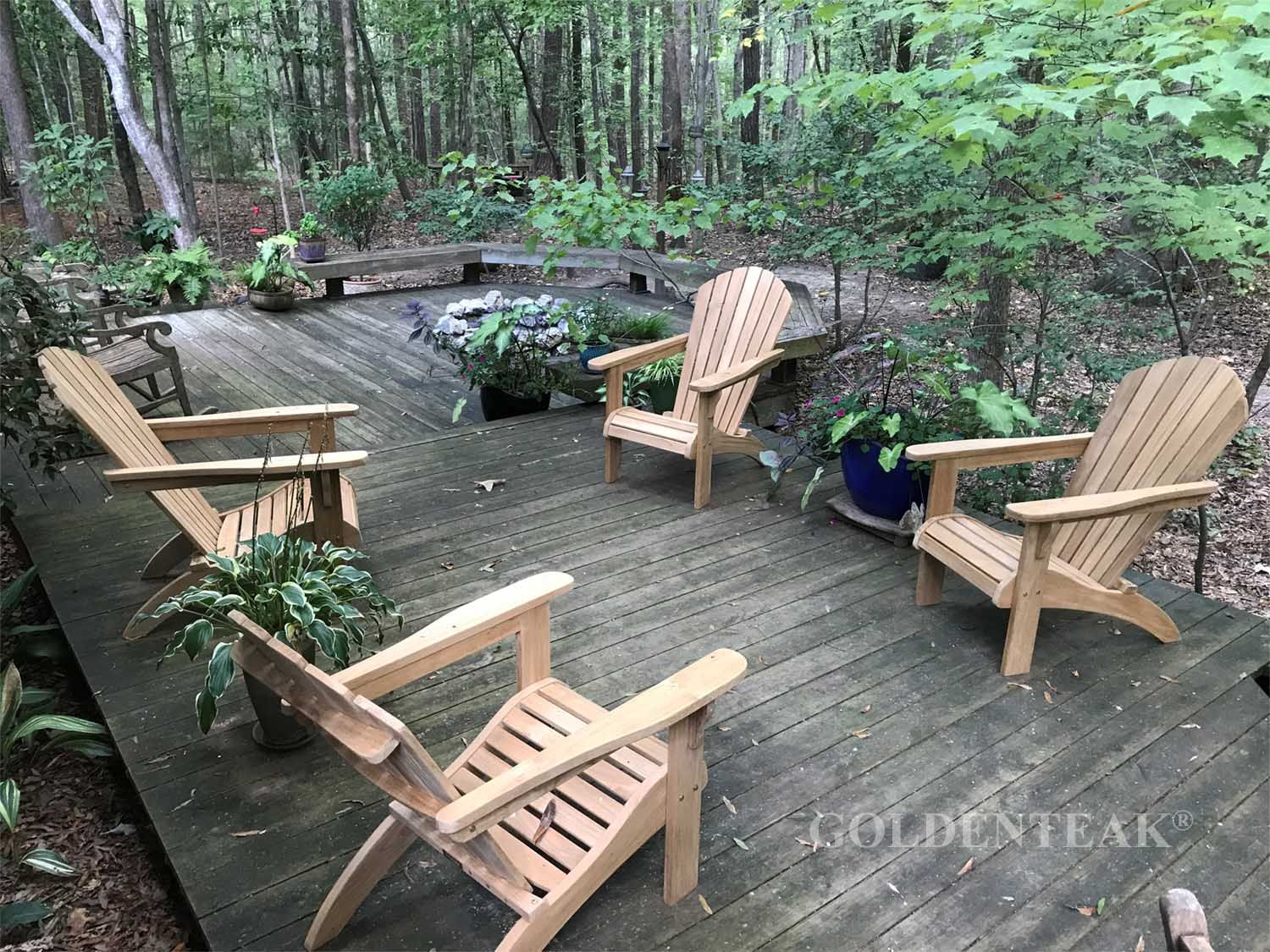 Teak Adirondack Chair Pair Set with Teak Round End Table