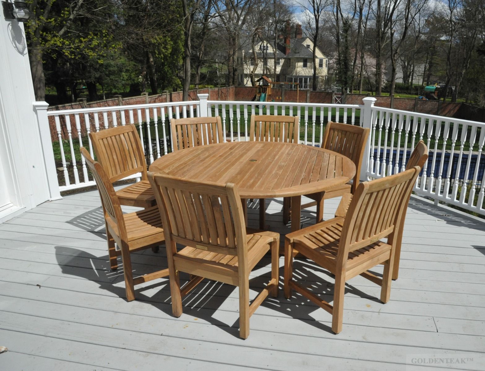 Teak Patio Dining Set for 8 Round Table 8 Teak Side Chairs